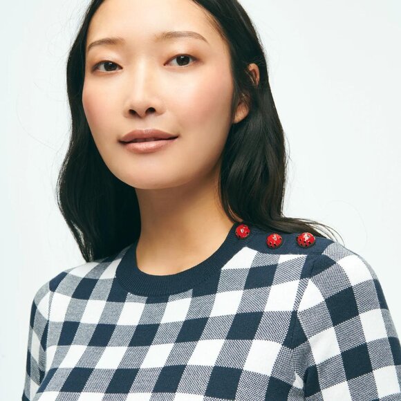 NWT BROOKS BROTHERS Gingham Ladybug Button-Shoulder Short-Sleeve Sweater Navy M - Picture 4 of 10